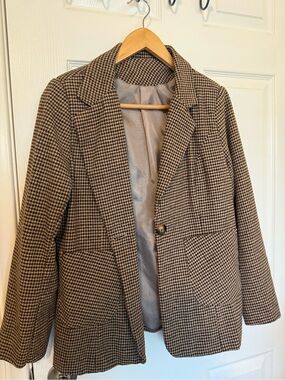 SHEIN Brown and Black Houndstooth Single-Button Blazer